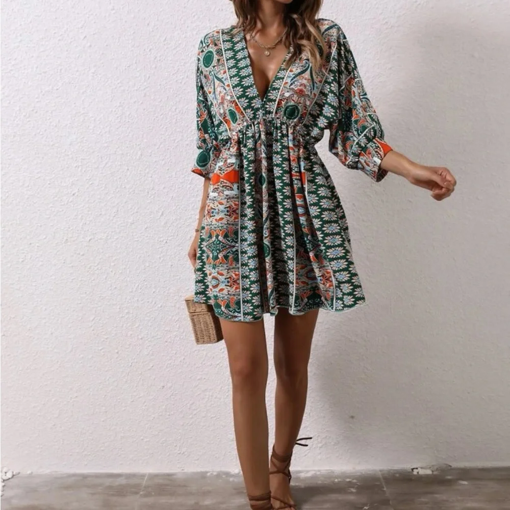 Boho Floral Print Batwing Sleeve Dress Green - Picture 5 of 5